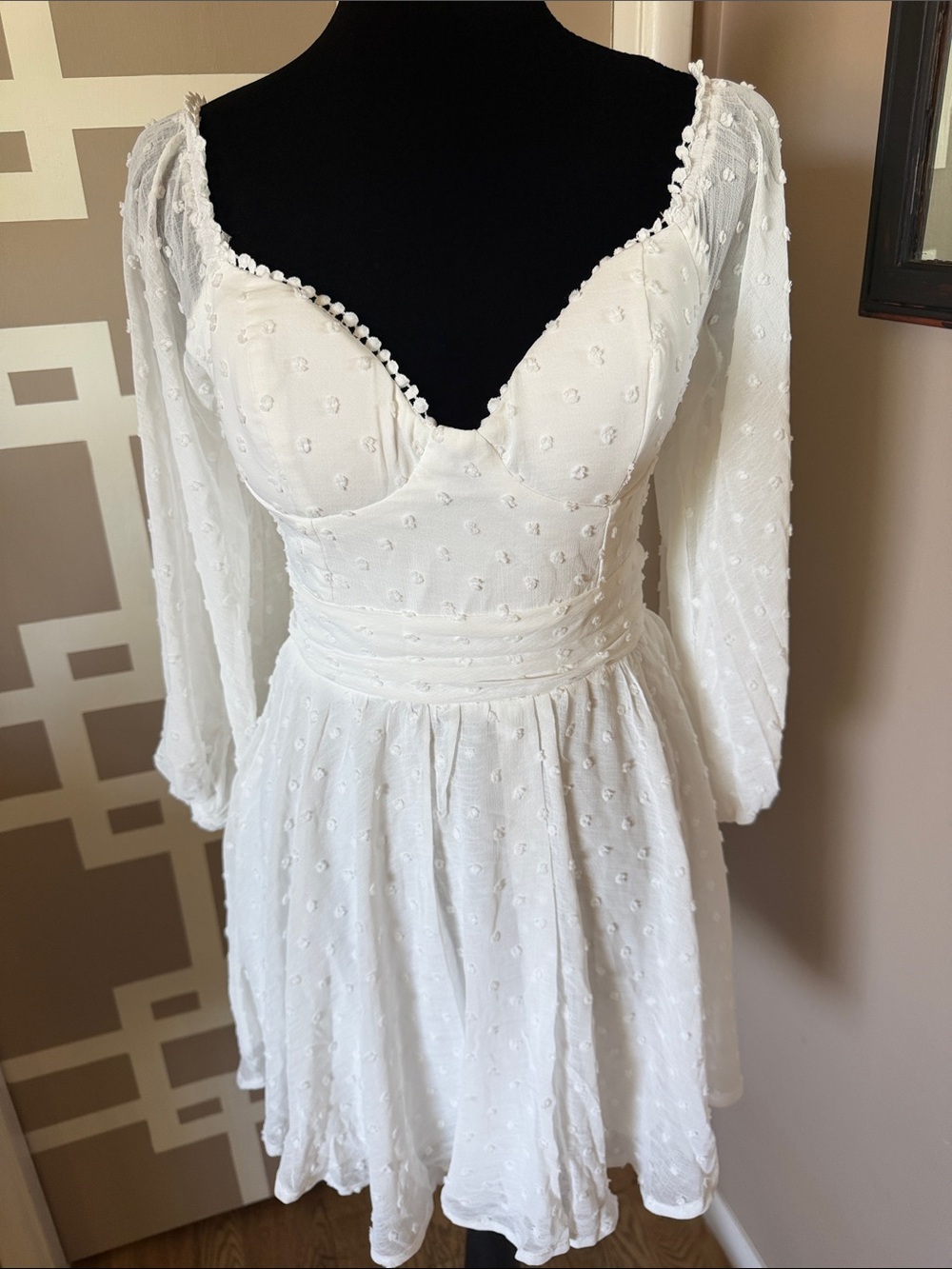 Hello Molly Heart Eyes for You White Long-Sleeve Swiss Dot Mini Dress NWT